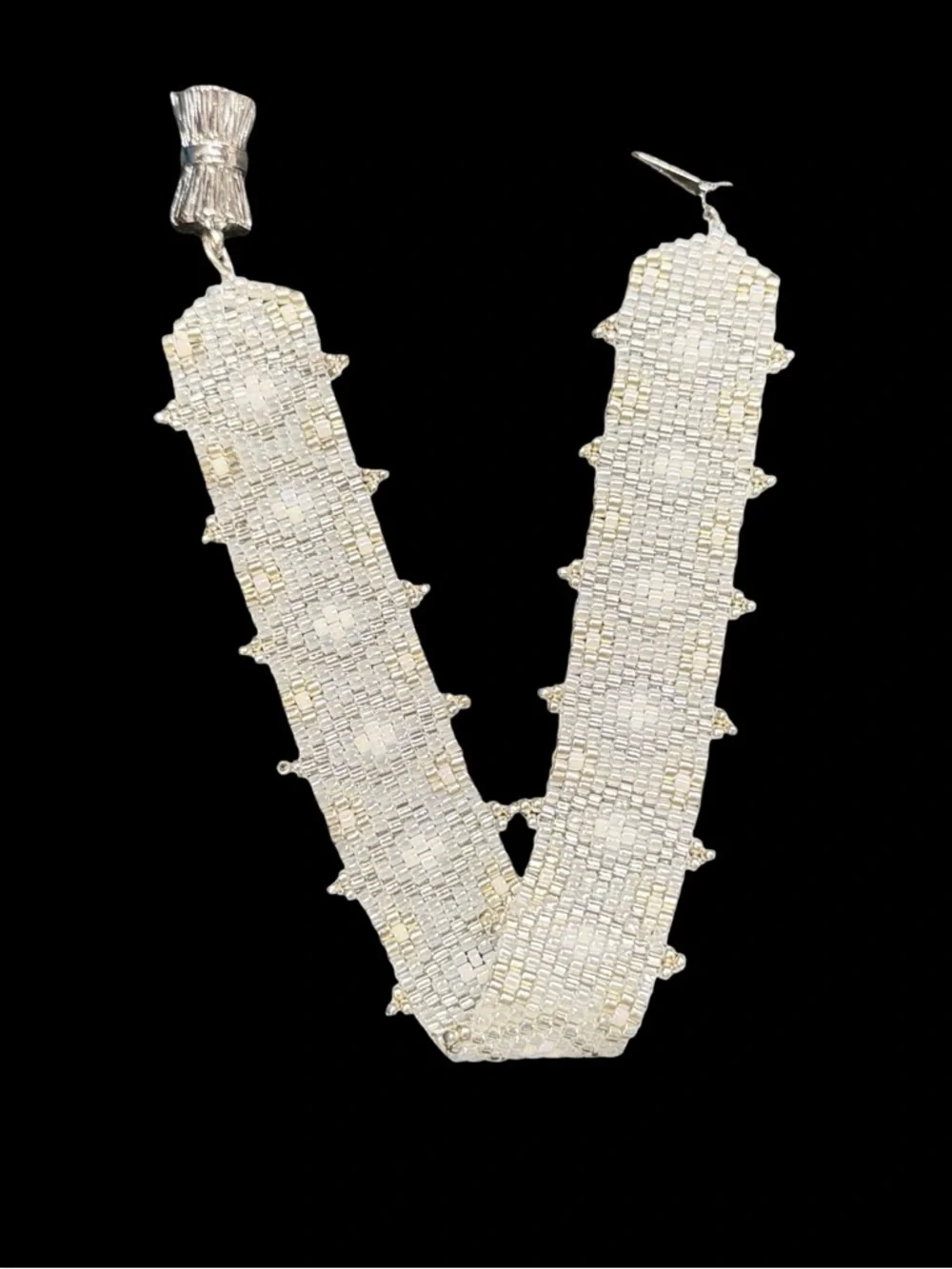 Woven Cream Silver Seed Bead Cuff Bracelet – Bridal Jewelry, Rhodium Clasp - Picture 6 of 11